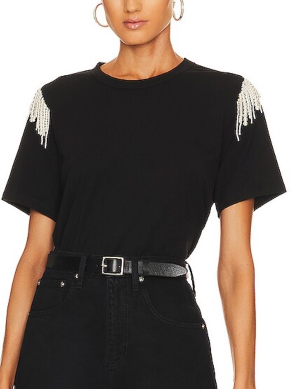 Veronica Beard Rumia Black Tee with Pearl Shoulder Fringe S